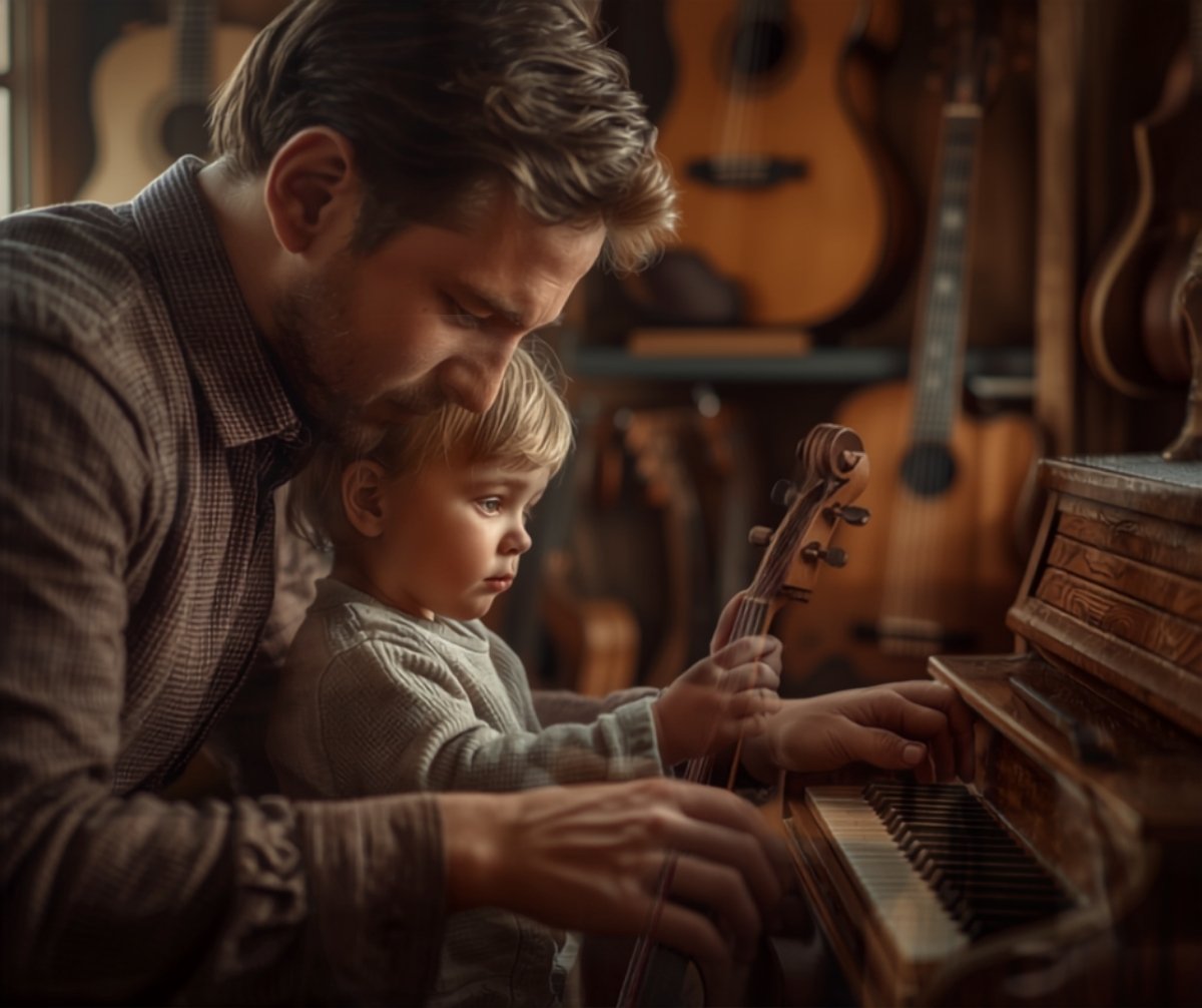 Un padre ayuda a su hijo pequeño a probar un violín rodeados de instrumentos